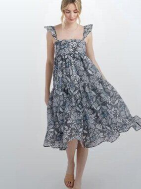 New Summersalt Blue Black Floral Tiered Ruffle Midi Dress Size Small